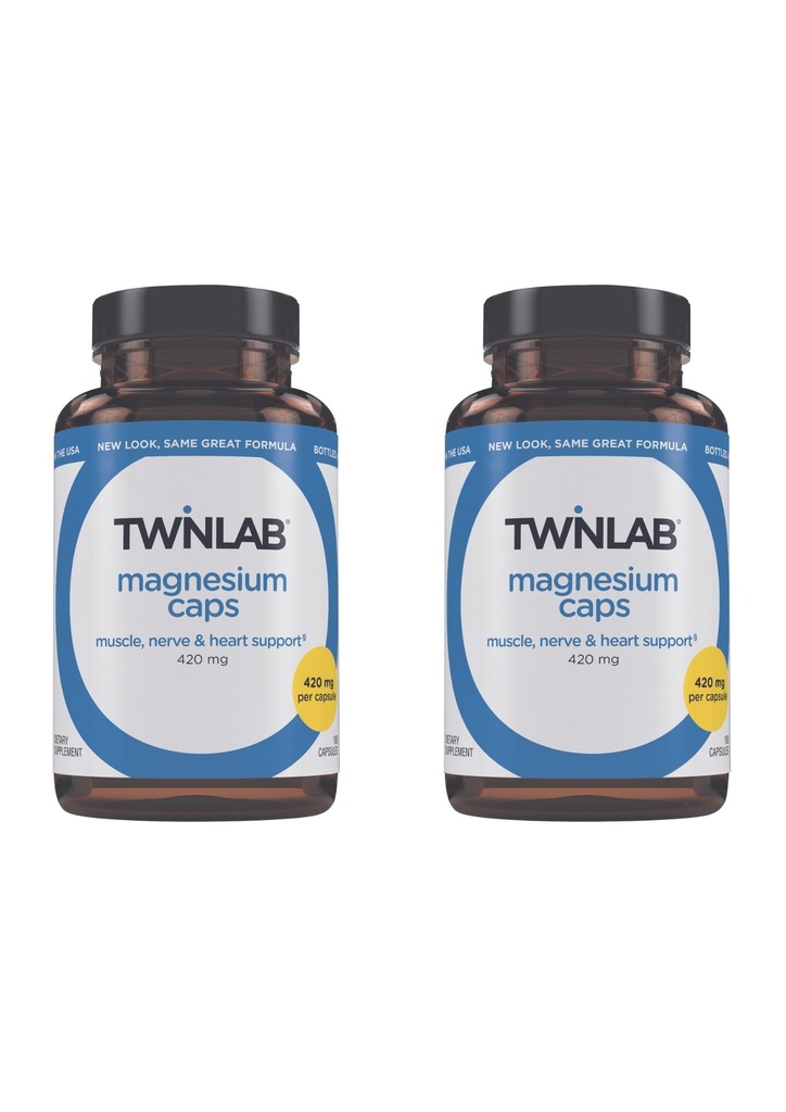 Twinlab Magnesium Caps - Hohe Absorption Magnesium Ergänzung zur Unterstützung Leg Cramps Relief - Magnesium Kapseln für Stress Relief, 420 mg, 100 Count, 2 Pack