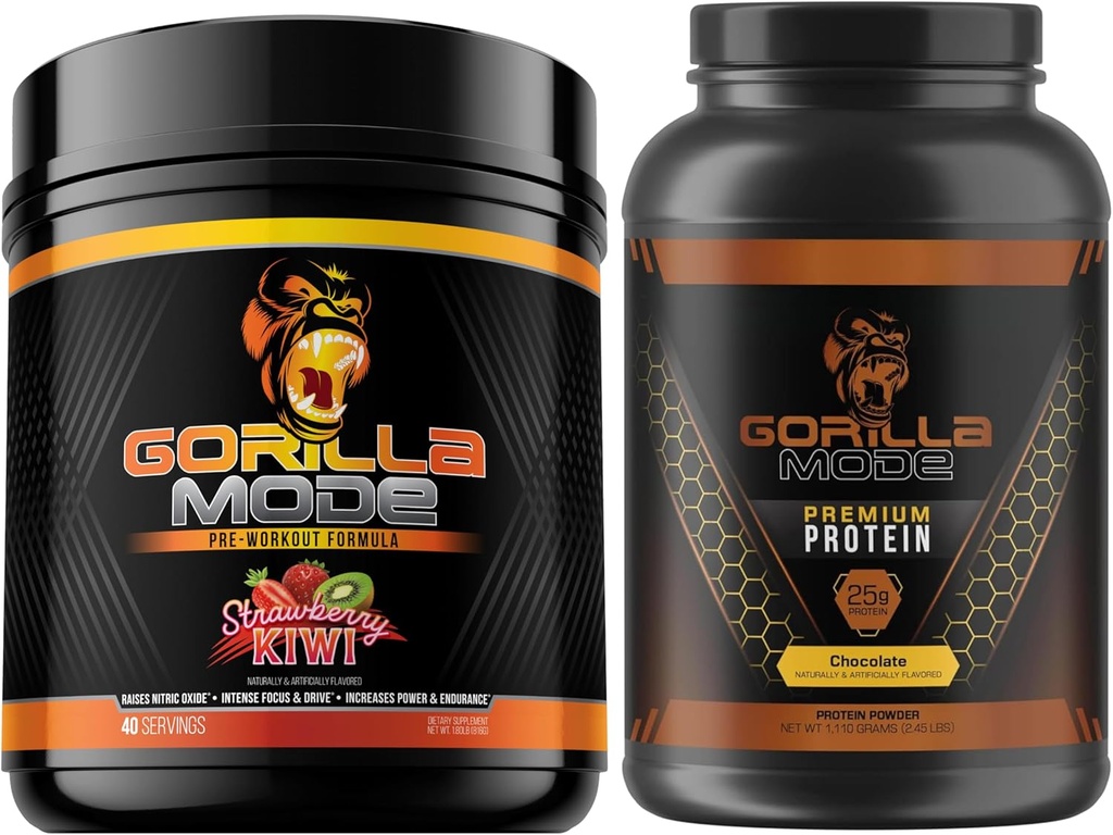 Gorilla Mind Pre Workout (Strawberry Kiwi) + Premium Whey Protein (Chocolate) - Umfassender Stack für Kraftstoff Maximale Ergebnisse