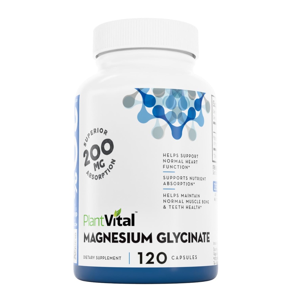 PlantVital Magnesium Glycinate 200mg 120 Kapseln - Hohe Absorption, Non-GMO, Vegan, Gluten-Free - Unterstützt normale Schlaf, Muskel- & Nerve-Funktion, normale Herz- & Knochen-Gesundheit, Hilfe Gefühl beruhigen & Relax