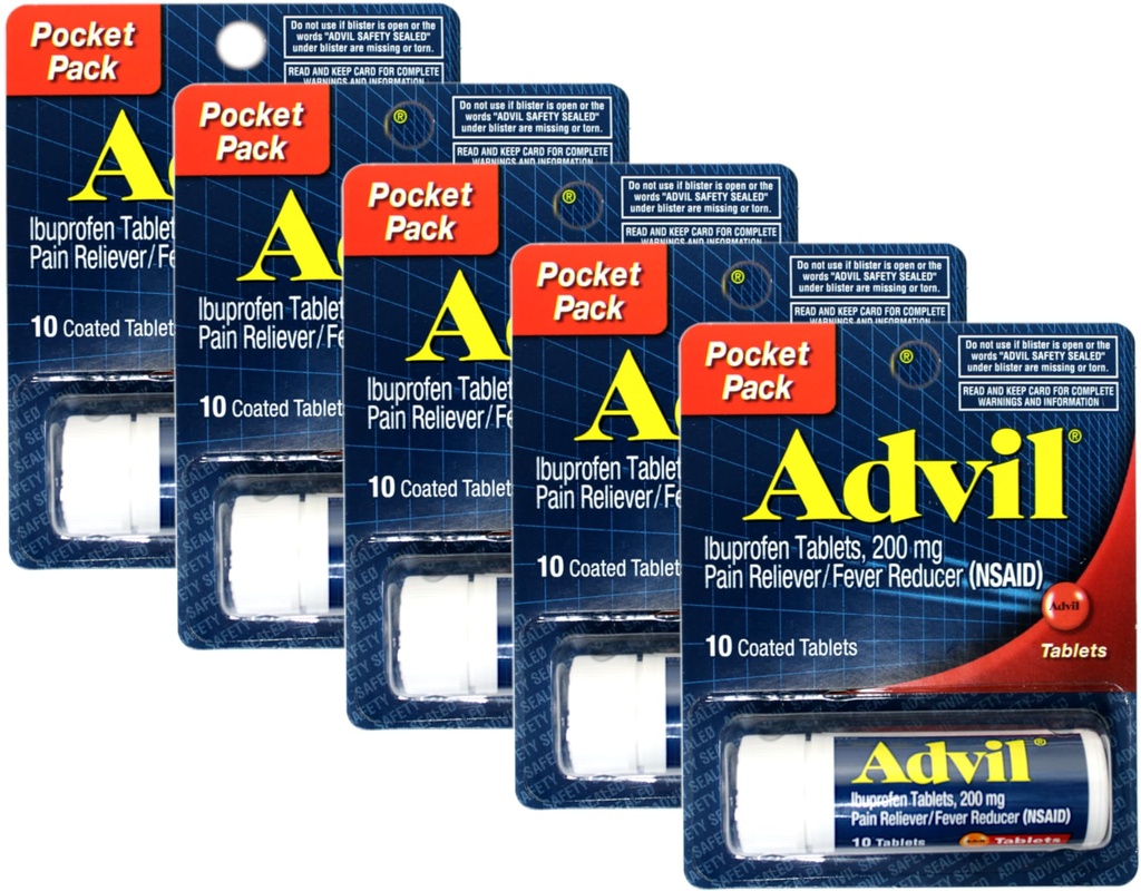 Advil Ibuprofen 200mg (NSAID) Pocket Pack, 10 Beschichtete Tablets (Pack mit 5)