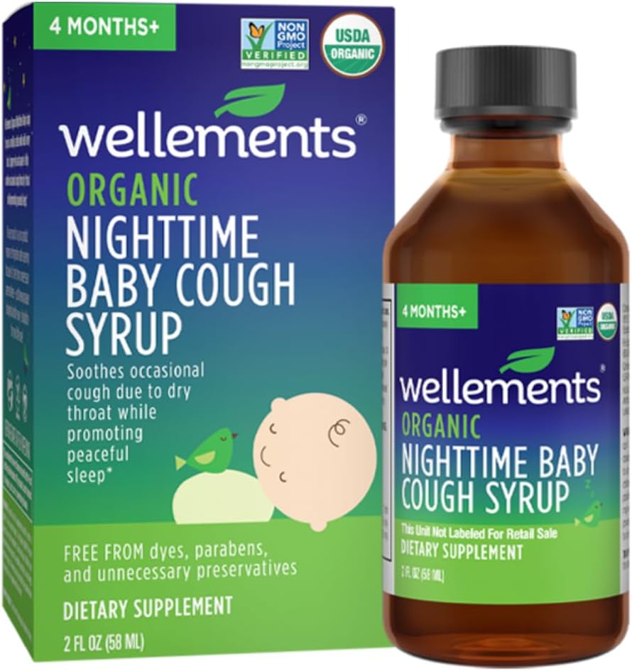 Wellements Organic Nighttime Baby Cough Syrup | Beruhigt Freizeit Husten aufgrund trockener Bedrohung Während Förderung einer friedlichen Nacht Schlaf *, USDA Organic | 2 Fl Oz, 4 Monate +