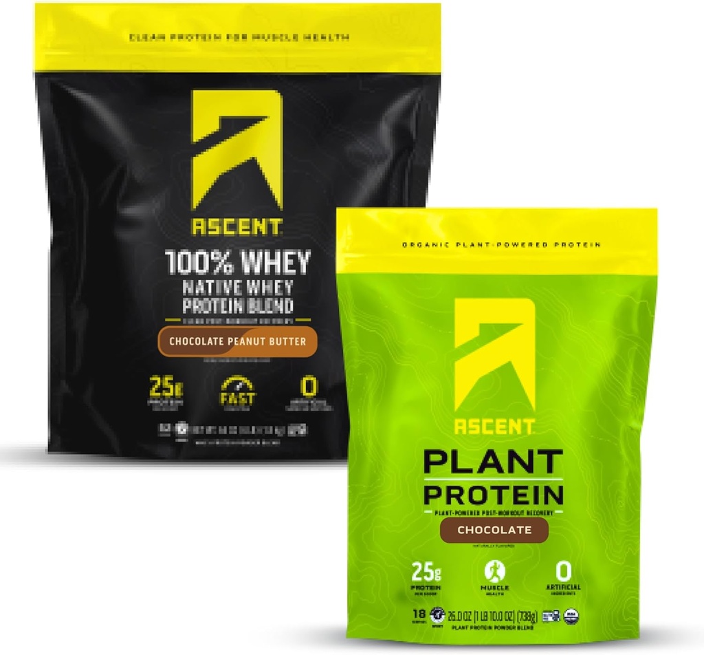 Ascent Whey + Pflanzenprotein Pulver - Schokolade Erdnussbutter 4 lb & Schokolade 18 Servierungen