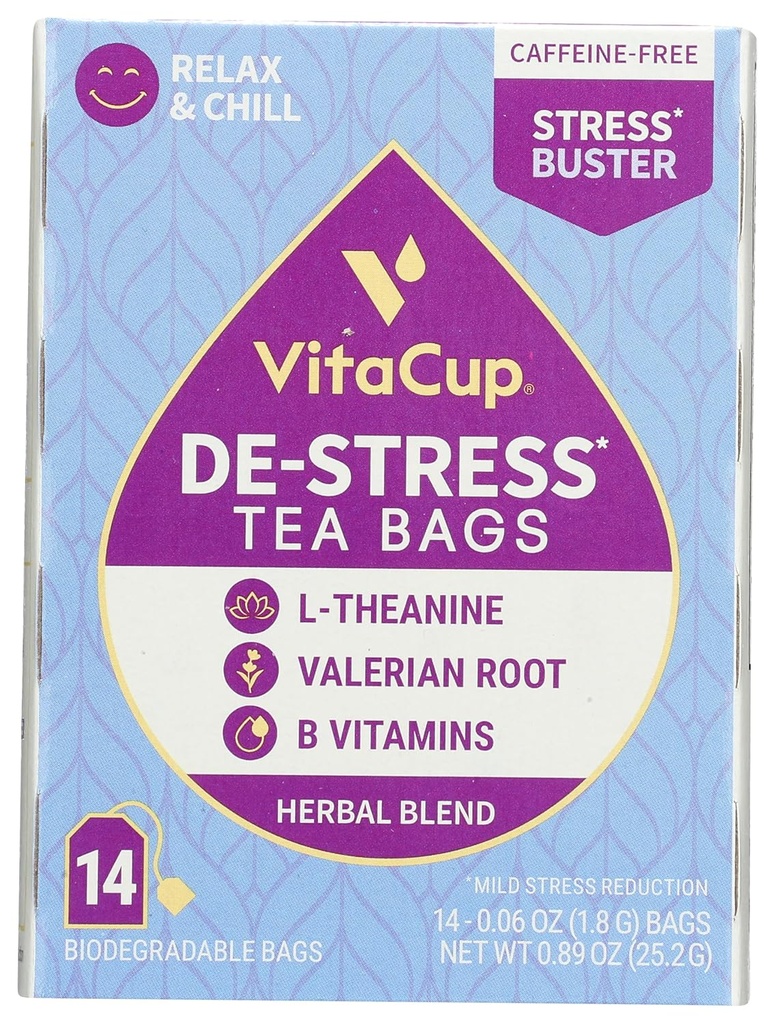 DeStress Kräutertee Taschen von VitaCup, Relax & Chill w/Chamomile, L-Theanine, Valerian Root & B Vitamine, Koffein Kostenlose Single Serve Wellness Tee Sachet Bag, 14 ct