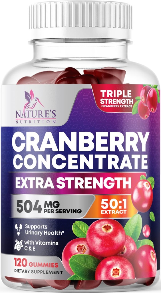 Cranberry Gummies 50:1 Cranberry Extract - Urinary Tract Support Made with 25.000mg, Hilft Sauber & Protect, Cran Berry Gummy Supplement + Vitamin C, Kaubare Cran Pillen für Damen - 120 Gummis