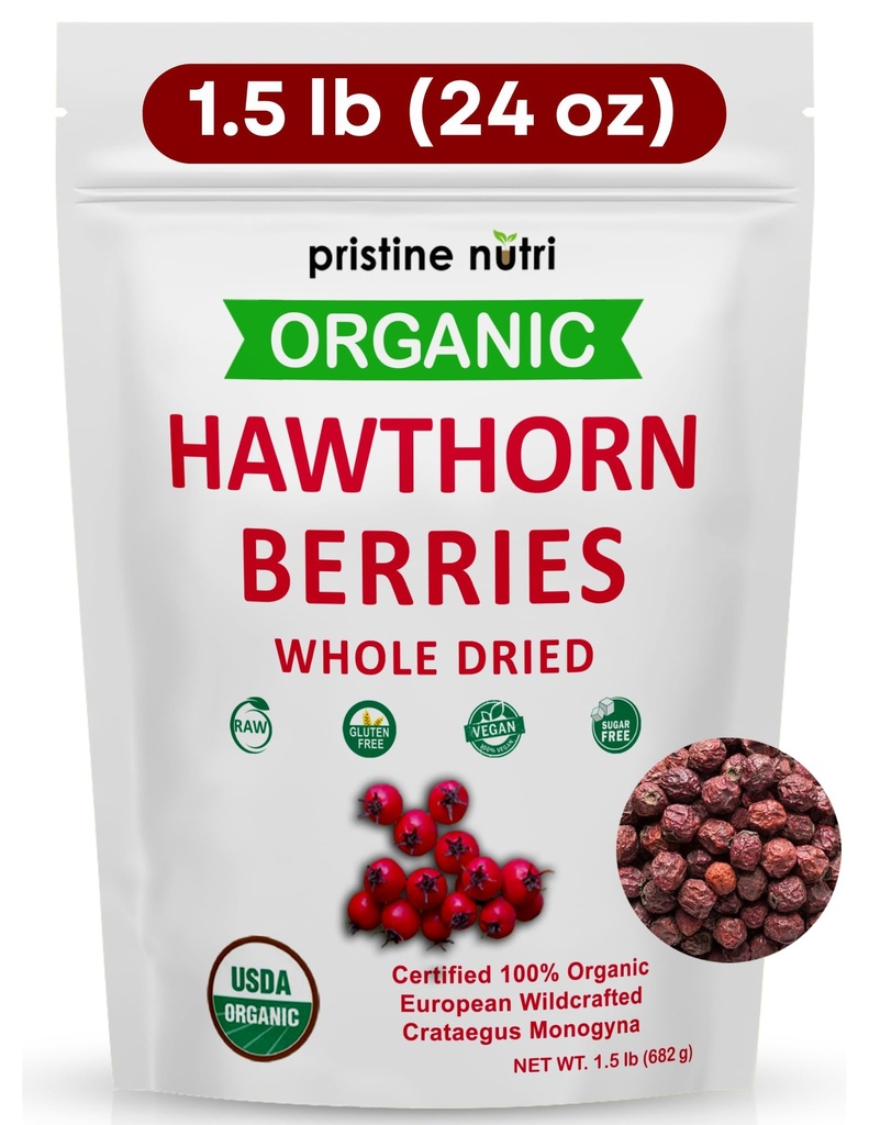 1.5 lbs (24 oz) 100% Bio Hawthorn Beeren Getrocknetes Bulk | Machen Hawthorn Berry Tea | Europäische Wildgeflügelbeeren | Machen Wellness Tee für Herzunterstützung, Blutdruck und Stress Relief (Verpackung kann variieren)