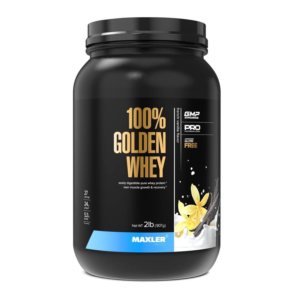 Maxler 100% Golden Whey Protein - 24g Protein per Serving - Premium Whey Protein Powder for Pre Post Workout - Schnell absorbierende Whey Concentrate Isolate Hydrolysate Blend - French Vanilla Protein 2lb