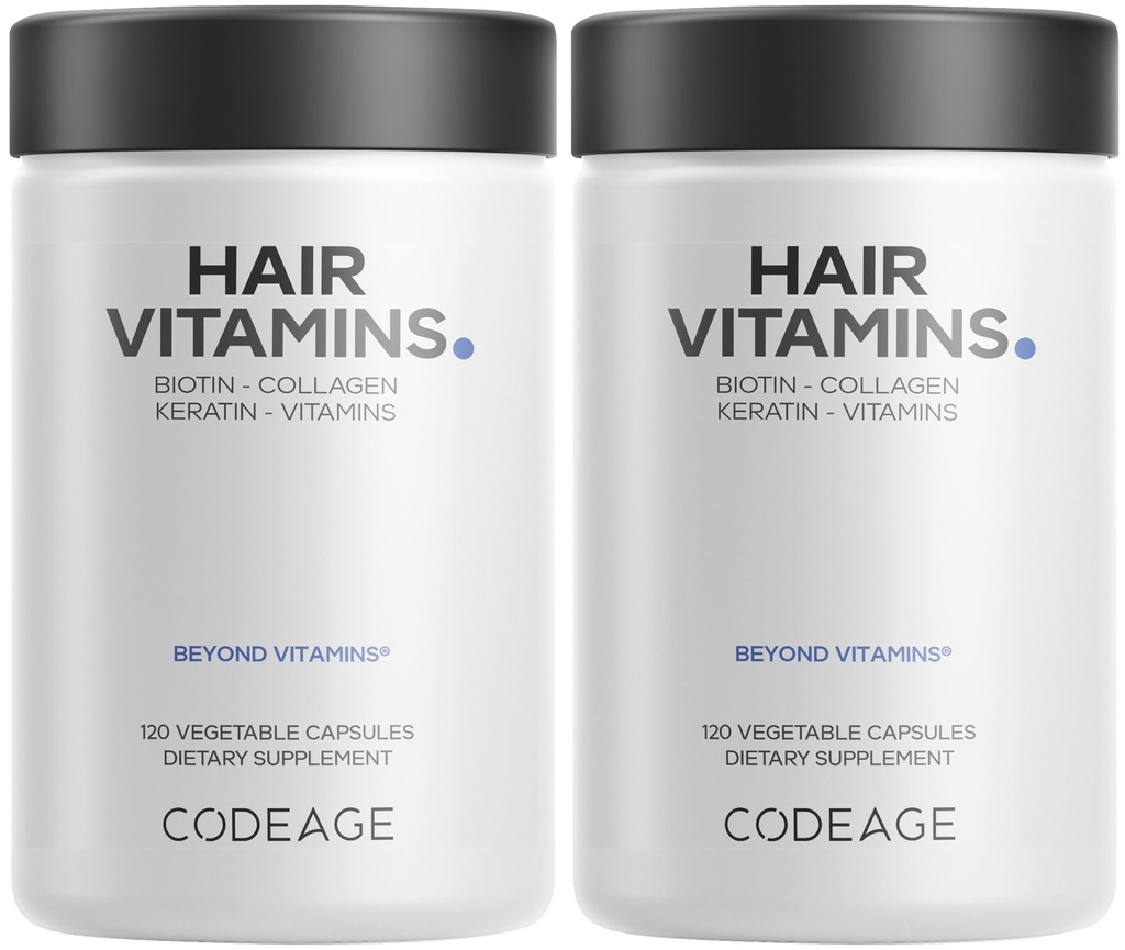 Codeage Haar Vitamine 10000 mcg Biotin, Keratin, Collagen, Vitamin A, B12, C, D3, E, Zink, Turmeric, Probiotics, Enzymes, Inositol - Haarpflege-Unterstützung - Gesunde Haarergänzung Pillen - 2 Pack
