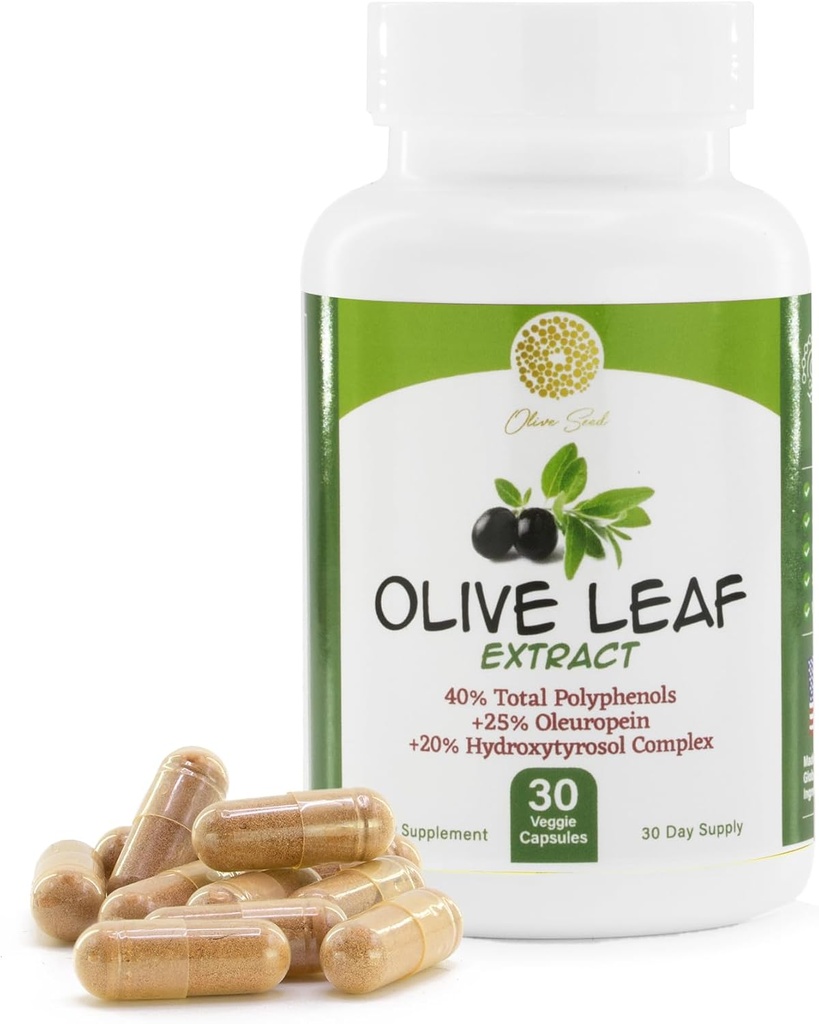 Olive Leaf Extract - 500mg - Supplement Standardisiert auf 25% Oleuropein - 20% Hydroxytyrosol - 40% Polyphenole - Non-GMO + Gluten Free + Dairy Free + Soy Free + Vegan (30 Kapseln)