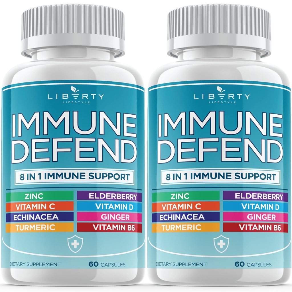 8 in 1 Immunabwehr-Unterstützung, Immunität Vitamine Ergänzung Booster mit Zink 50mg, Vitamin C Elderberry Vit D3 5000 IU, Kurkumin & Ginger, Echinacea - Allergie Relief für Kinder Erwachsene (2 Pack)