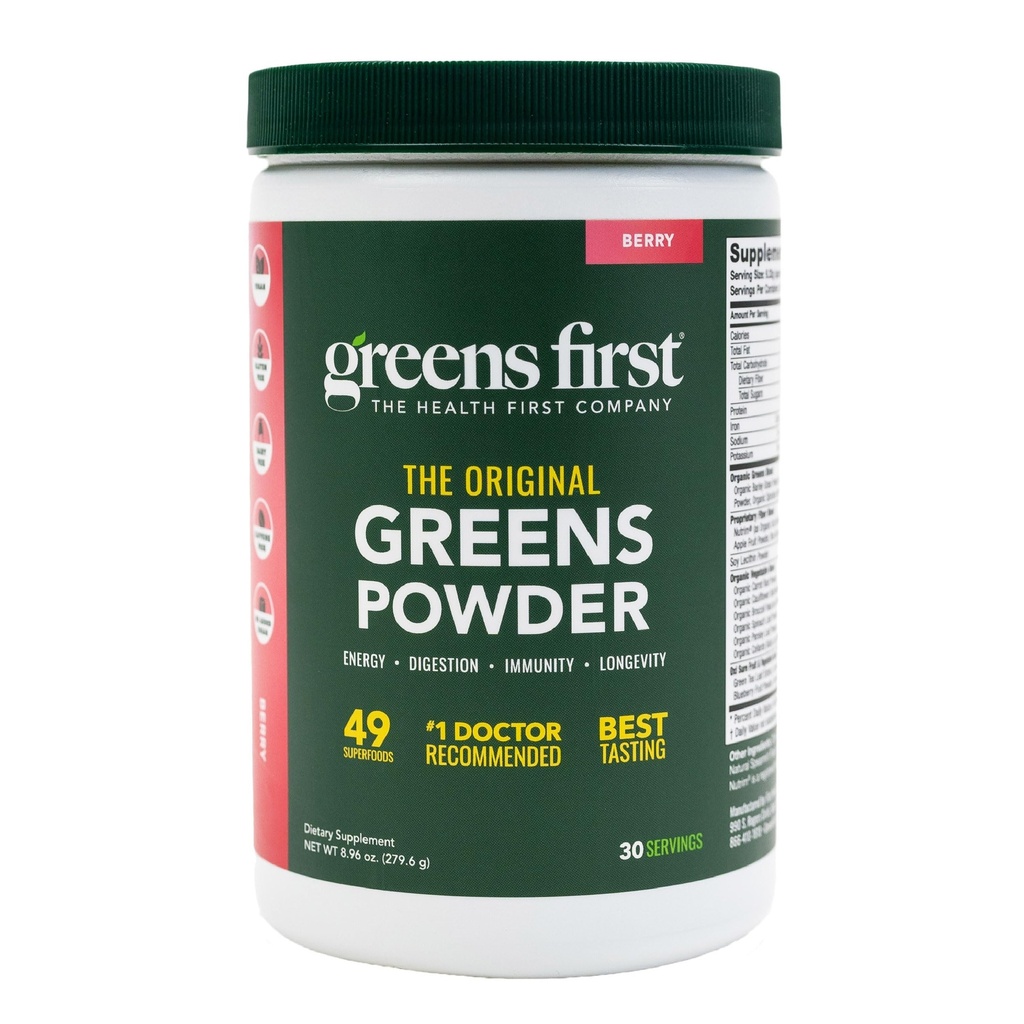 Greens First Original Greens Powder - 49 Superfoods - Bio Fruits & Veggies - Präbiotika, Probiotika & Verdauungsenzyme - Antioxidant Smoothie - Dairy Free, Vegan & Non-GMO (Berry, 30 Portionen)
