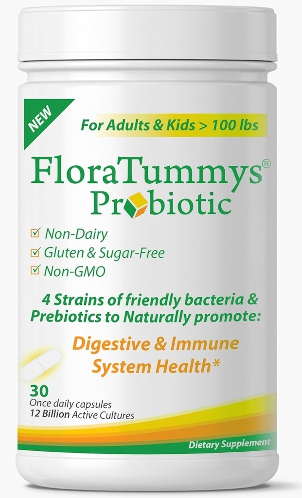 FloraTummys Best Probiotic für Frauen, Männer und Kinder. 12 Billion CFU, 4 Probiotische Strains, Präbiotika, Non-GMO, Kosher, Non-Dairy, Gluten Free, Sugar Free, Made in USA