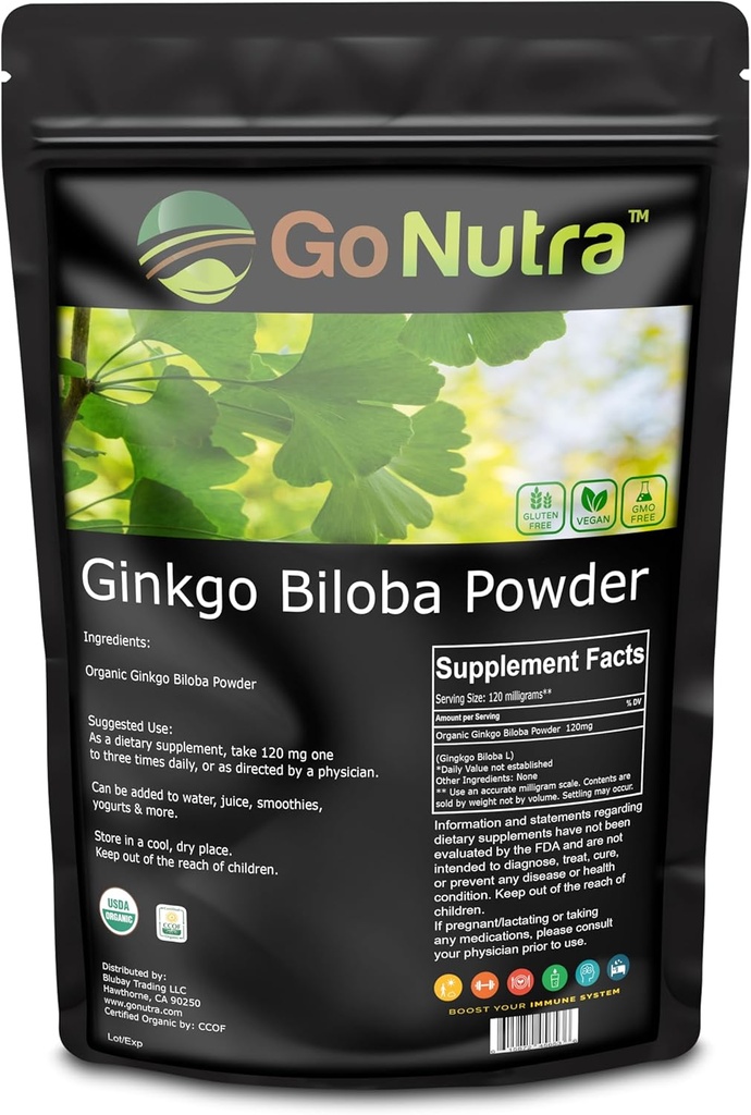 Go Nutra Organic Ginkgo Biloba Pulver 8 oz. | Pure Ginkgo Biloba Ergänzungen, Ginkgo Blatt Pulver, (8oz.)