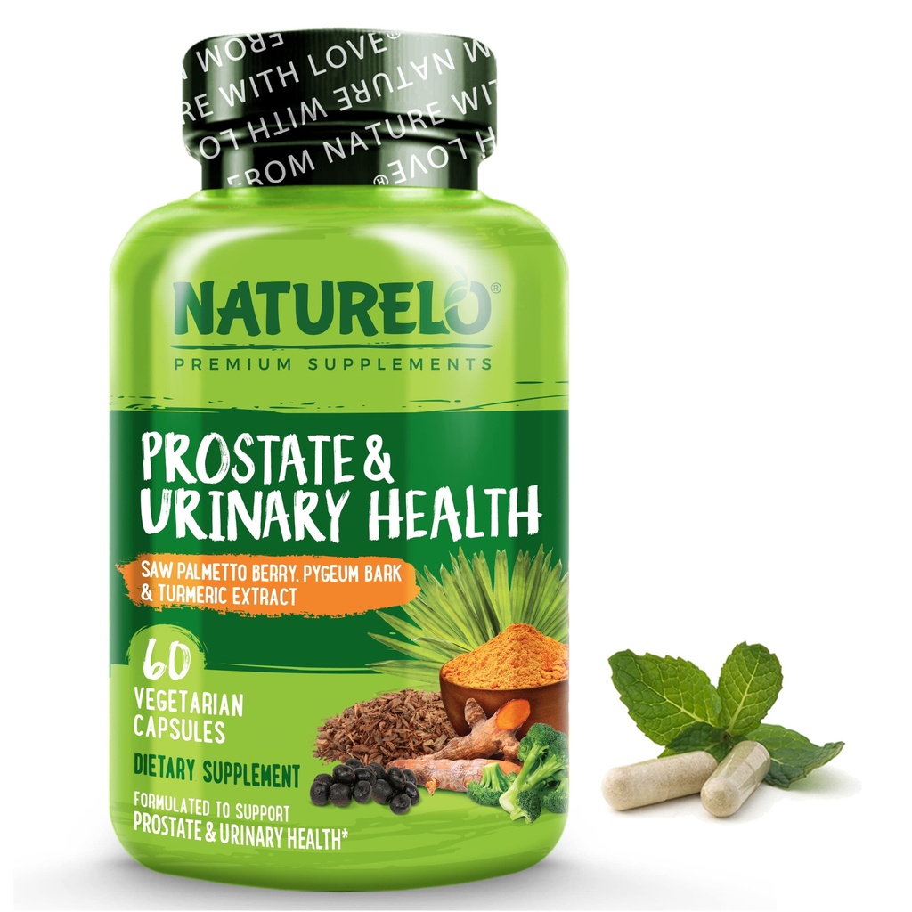 NATURELO Prostata & Urinary Health, Umfassende Formel mit Sägepalme, Pygeum, Tumeric, Pflanzenschweine, Broccoli und Lycopene, 60 vegetarische Kapseln