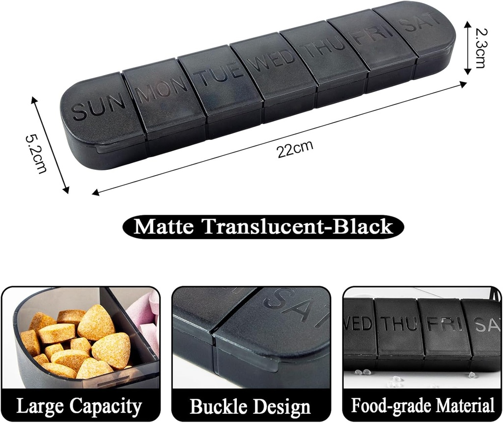 Pill Organizer Large, Weekly 7-Day Vitamins Case Dispenser, Matt Schwarz, Travel Medicine Pill Box Holder Container für Medikamente, Meds und Mineralien, Ergänzungen, Fischöl, Kapseln, Tablet