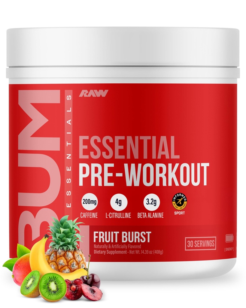 RAW Essential PreWorkout Powder (Fruit Burst) - Chris Bumstead Sports Nutrition Supplement for Men & Women - Preworkout Energy Powder mit Koffein, L-Citrulline, L-Tyrosine, & Beta Alanine Blend