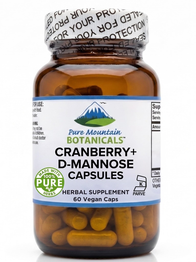 Pure Mountain Botanicals Cranberry D Mannose Kapseln - 60 Kosher Vegan Caps - 1000mg D Mannose mit Cranberry Konzentrat Plus Vitamin C