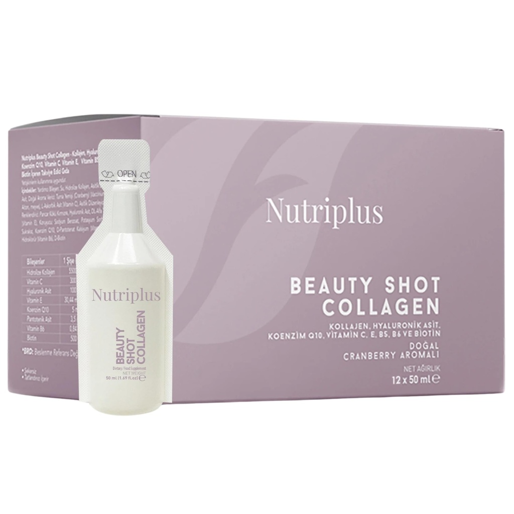 FARMASi Nutriplus Beauty Shot Collagen – Typ I & III Kollagen mit Hyaluronsäure, Biotin & Vitamine, Sugar-Free Cranberry Flavor, 1,69 fl oz x 12 Schüsse