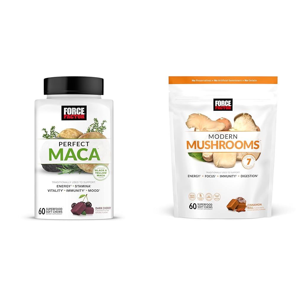 Force Factor Maca & Pilz-Ergänzungen mit 7 Pilzen, Maca Wurzel, Vitamine, 60 Weichkäse Jede