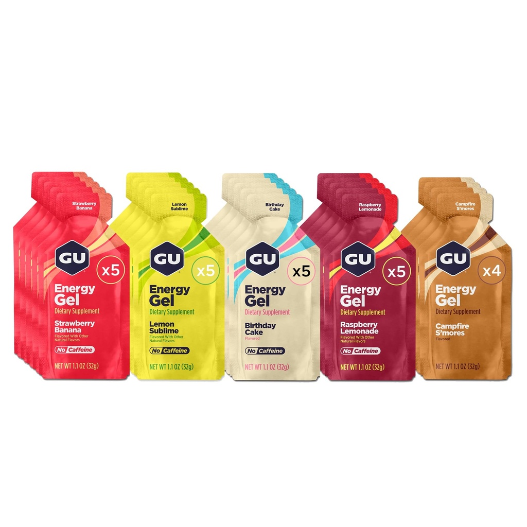 GU Energy Original Sports Nutrition Energy Gels, 24-Count, Vegan, Gluten-Free, Kosher, und Dairy-Free On-the-Go Energy für jedes Training, Caffeine-Free Flavors Variety Pack
