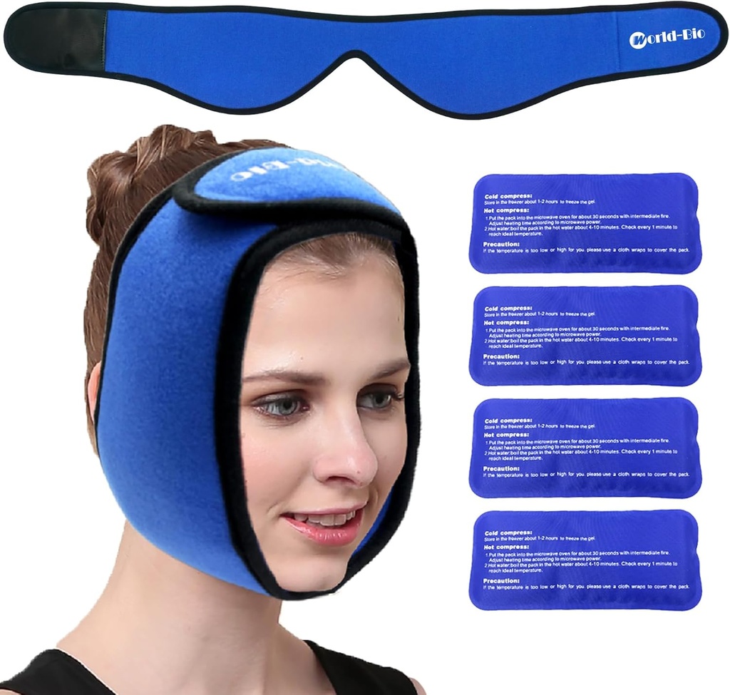 Face Ice Pack Wrap für TMJ, Weisheit Teeth, WORLD-BIO Jaw Wrap mit 4 wiederverwendbaren Hot Cold Therapy Gel Packs für Kopf-, Kinn-, Oral- und Gesichtschirurgie, Schmerzlinderung für Schwellungen, Verletzungen, Zahnimplantate