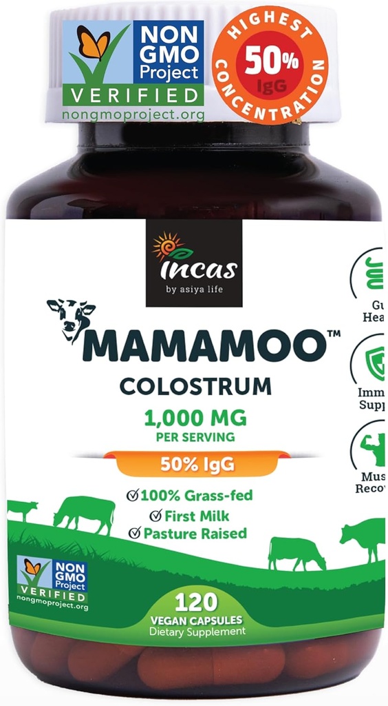 MamaMooTM Colostrum Powder >50% IgG, Gras Fed, First Non GMO Verified Colostrum, Gut Health Bloating Immunity Skin & Hair, Enthält 400+ Bioactive Nährstoffe, Third Party Lab Tested (120 Kapseln)