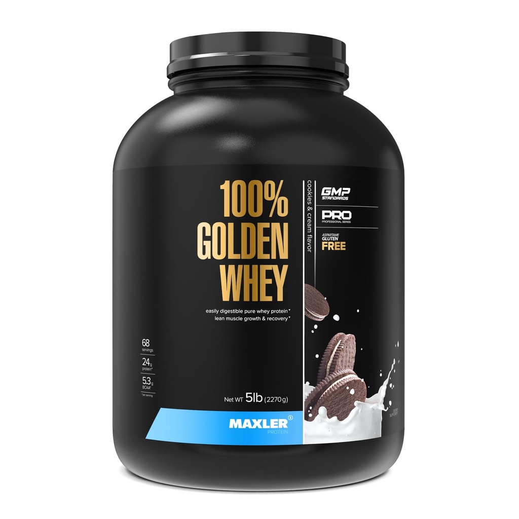 Maxler 100% Golden Whey Protein - 24g Protein per Servieren - Premium Whey Protein Powder for Pre Post Workout - Schnell absorbierende Whey Konzentrat, Isolate & Hydrolysate Blend - Cookies & Cream 5 lb
