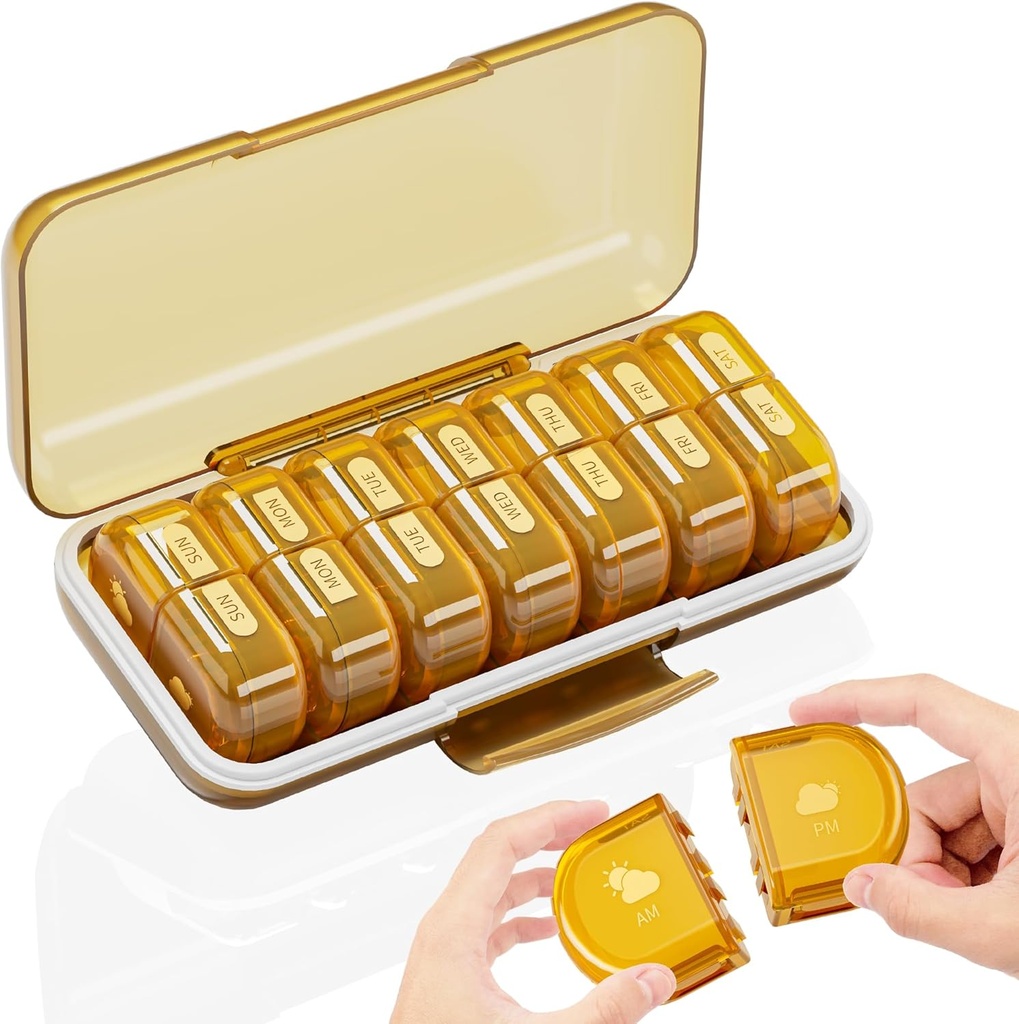 Wöchentliche Pille Organizer 2 Mal am Tag, Große 7 Tage Am Pm Pille Box - Acedada zweimal täglich Pille Fall mit abnehmbaren Tag Nacht Design, Medizin Container Halter für Vitamin, Fischöle, Ergänzungen, Bernstein
