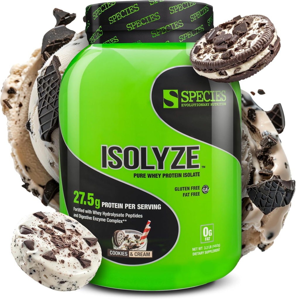 Spezies Nutrition Isolyze Whey Protein Powder, 100% Whey Isolate für Muskelaufbau, 27,5g Protein Per Scoop, kein Zucker & Low Fat (Cookies & Cream, 44 Servierungen)