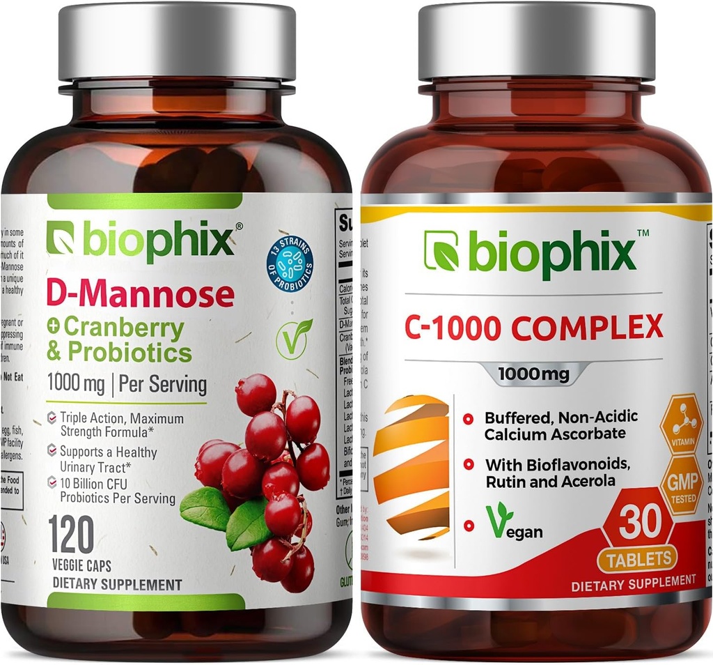 biophix D-Mannose Plus Cranberry Probiotics 1000 mg 120 Vcaps - Kostenlose Vitamin C-1000 30 Tabletten - Unterstützt Urinary Bladder Tract Gesundheit und Verdauung Wohlbefinden