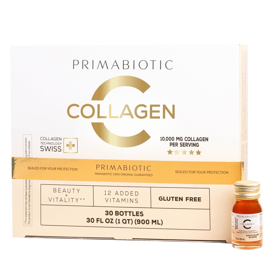 PRIMABIOTIC Liquid Collagen - High Collagen Content [10.000 Mg] Per Serving - Hydrolysiertes Kollagen und 12 Vitamine - Gluten Free- 900 Ml - Packung mit 30 Flaschen x 30 Ml (1)