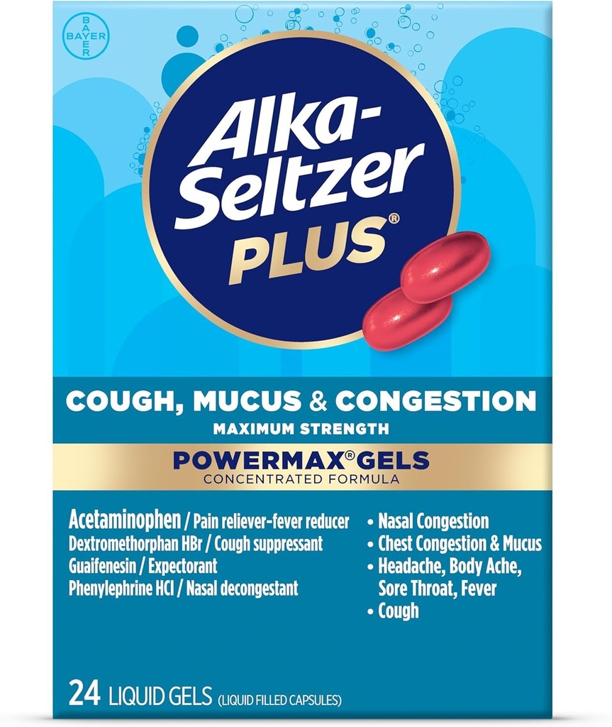 Alka-Seltzer Plus Maximum Strength Cough, Mucus & Congestion Powermax Liquid Gels, schnelle und effektive Chest Congestion Relief, Cough Suppressant, für Erwachsene und Kinder 12 Jahre und älter 24 Count