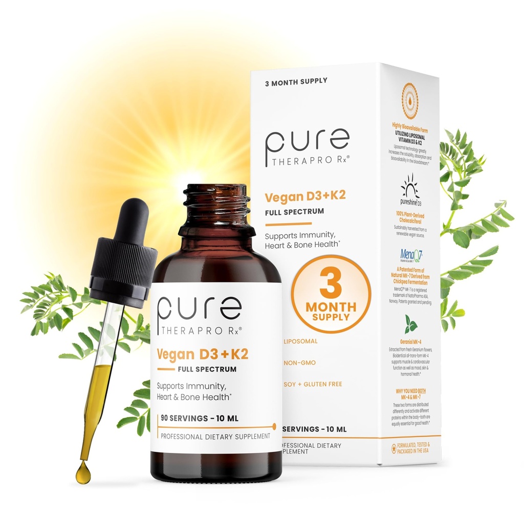 Pure Therapro Rx Vegan D3 + K2 Organic 100% Liposomal 10ml Made in USA | 3 Monat Versorgung | Maximum Absorption Vitamin D3 und Vitamin K2 Nahrungsergänzungsmittel für Männer und Frauen, D3 Vitamin 5000 IU
