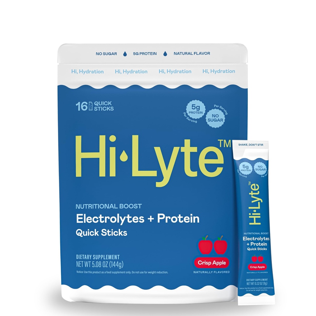 Hi-Lyte Elektrolyte + Protein Quick Sticks Crisp Apple, 16 Portionen - Natrium, Kalium, Whey Protein - Keto Friendly - 5g Protein, kein Zucker