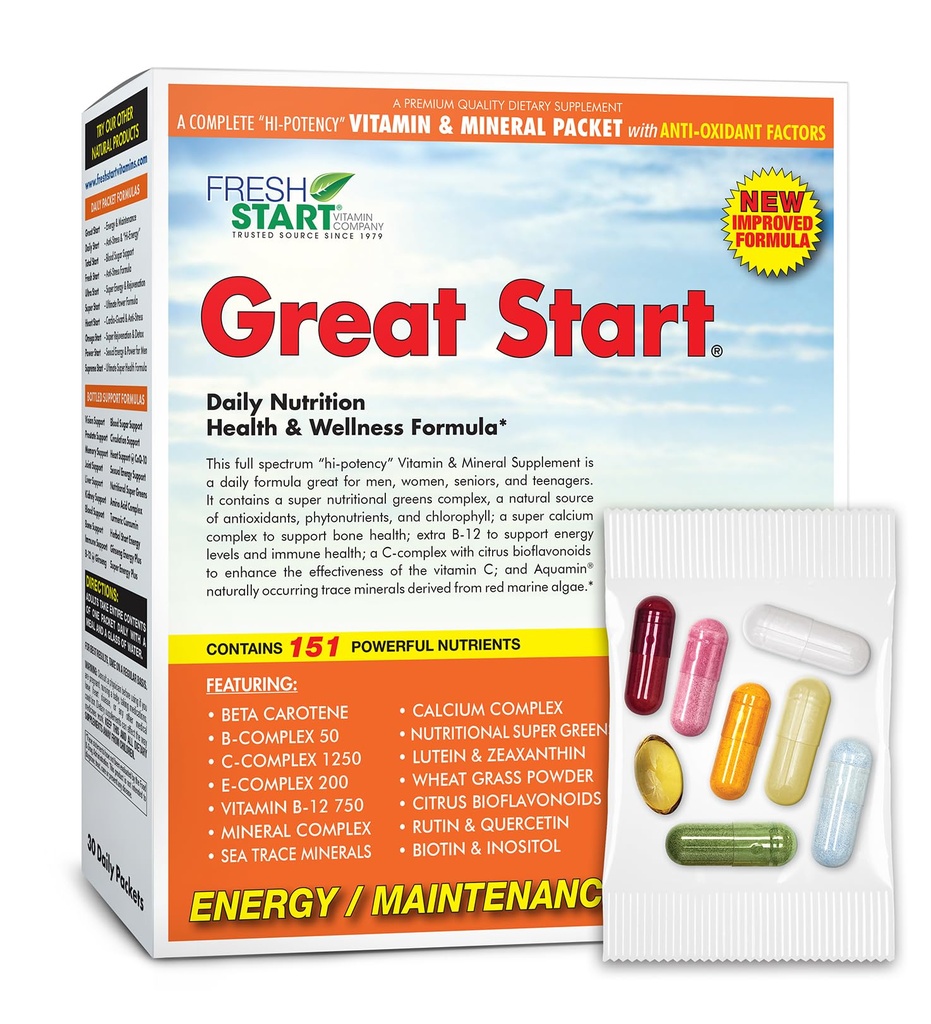 Great Start Complete Daily Vitamin Pack | Energy & Essentials | Vitamin A, B, C, D, E, B12, Biotin, Mineralstoffe, Calcium, Magnesium, Zink, Super Greens (30 Packungen)