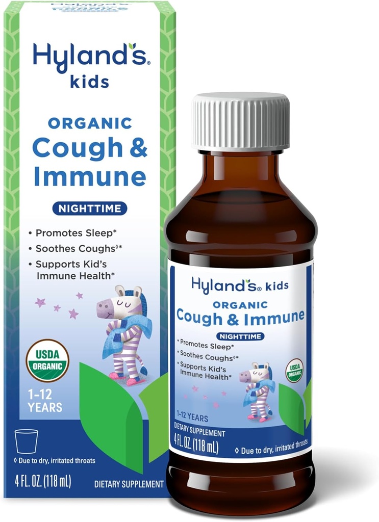 Hyland's Kids Nighttime Organic Cough Syrup and Immune Support with Agave, Elderberry and Pomegranate, Soothes Cough, and Supports Immunity, 4 Fl. Oz.