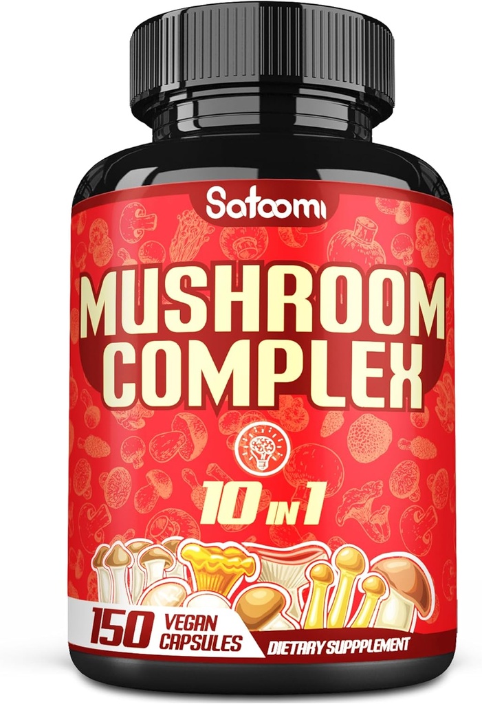 Satoomi 10in1 Pilz Complex Supplements - 5 Monate Versorgung - Blended with Lions Mane, Cordyceps, Reishi, Chaga, Maitake, Shitake & Others -Brain Support - 150 Kapseln