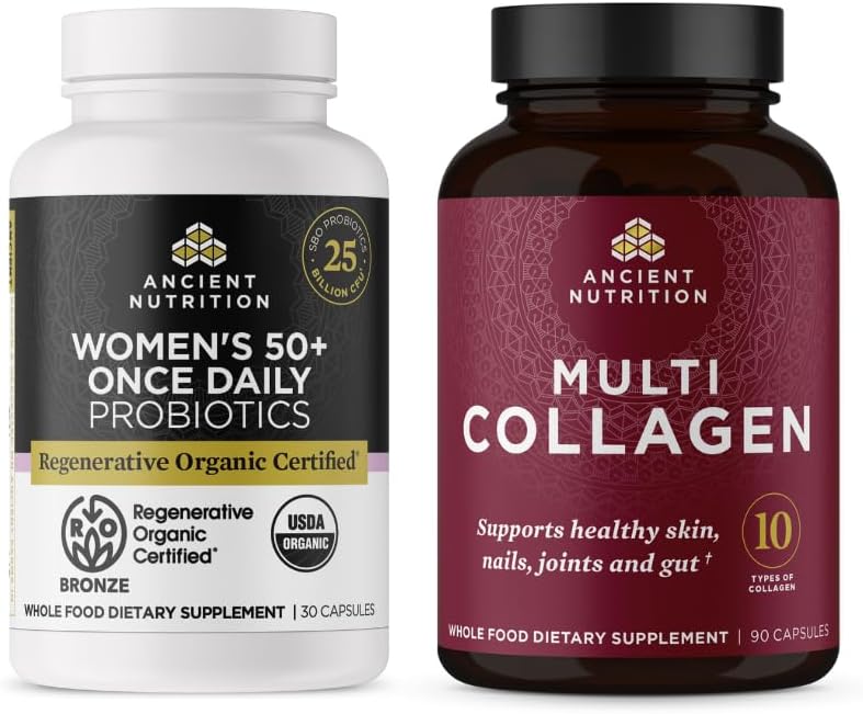 Antike Ernährung Regenerative Bio-zertifizierte Frauen 50+ Probiotika Kapseln, 30 Zähler + Multi Collagen Kapseln, 90 Zähler Servietten