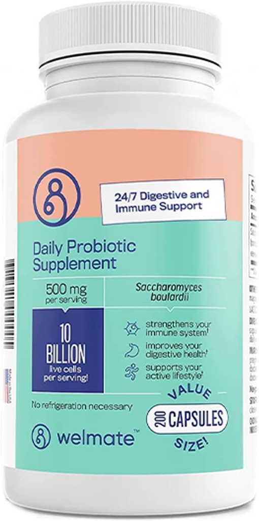 WELMATE Saccharomyces Boulardii | Daily Probiotic Supplement | 10 Billion CFU | Immununterstützung | Verdauungsgesundheit | Vegan | Organic | Gluten Free | Non GMO | Men & Women | 200 Veggie Kapseln