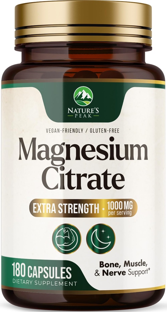 Magnesium Citrate 1000mg - High Absorption Magnesium Supplement unterstützt Muskel, Knochen, Nerve & Heart Health - Extra Strength Magnesio Complex Pillen - Non-GMO, Premium Energy Formula - 180 Kapseln
