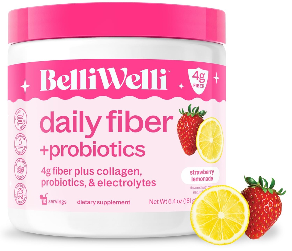 Belli Welli LWL-Ergänzung für Damen und Herren, Premium Tagesfaserpulver aus Organische Akazie mit Zusatz von Kollagen, Elektrolyten und Probiotika, No Bloat, Constipation&Gut Health Support (Strawberry Lemonade)