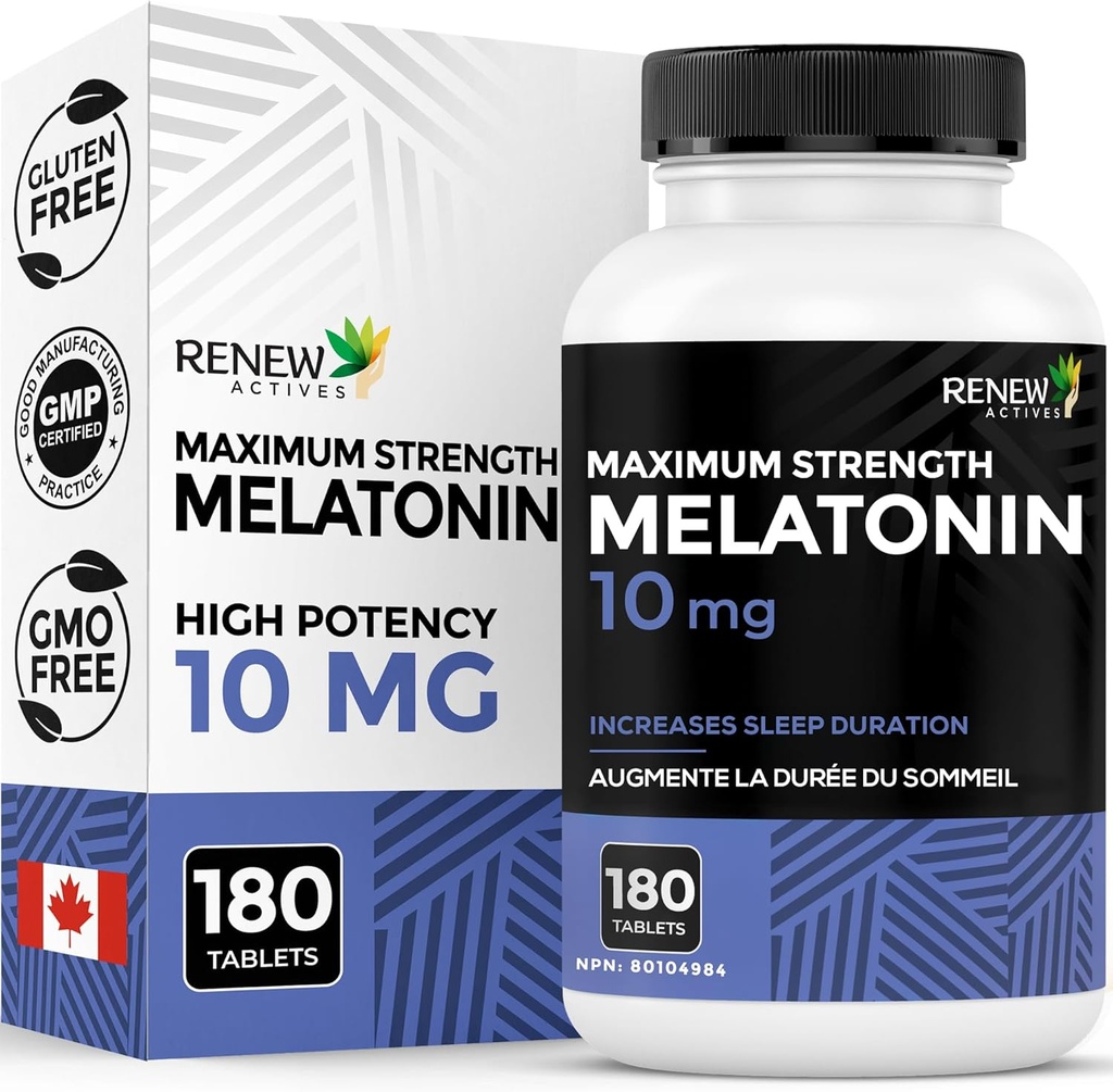 Renew Actives Melatonin 10mg pro Servierung – Fördert ein tieferes, lang &amp; ideal für Schlafmanagement, Jet Lag & um Ihren Schlafzyklus zurückzusetzen - Made in Canada - 180 Tablets