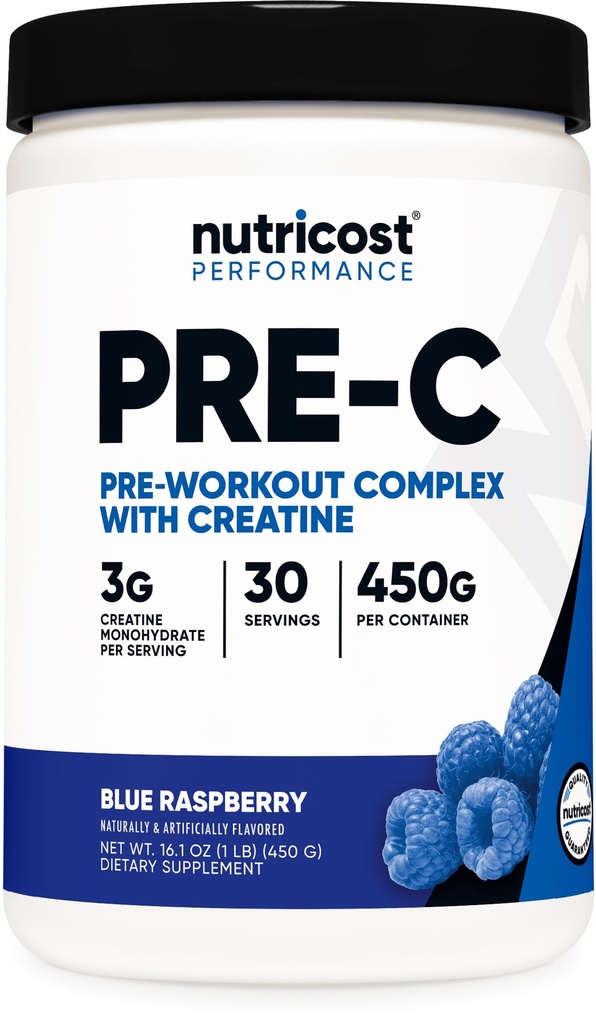 Nutricost Pre-C Pre-Workout-Komplex mit Kreatin (Blaue Himbeere | 30 Servierungen) Pulver - Boost Fintess Routinen, 450g
