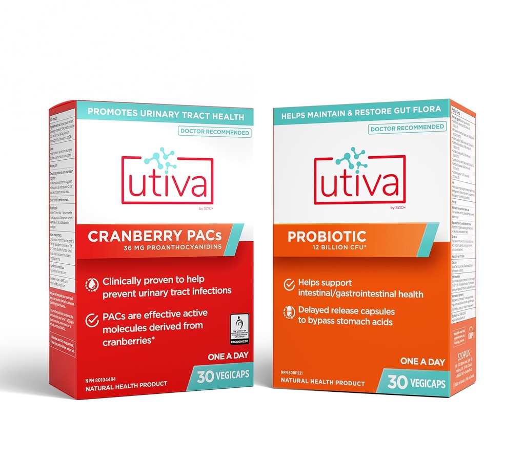 Szio+ 10% Bundle Utiva 36PAC Power Bundle | 30 Days | Bundle with 36mg Soluble Cranberry PACs (DMAC/A2) and 30B CFU Probiotic Power (Lactobacillus and Bifidobacterium Strains) | Locally Made.