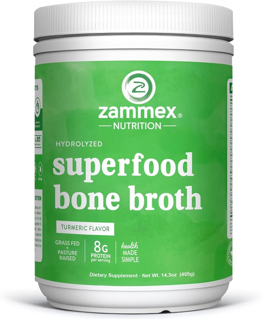 Zammex Bone Broth Plus Superfood Protein Powder (Turmeric Flavor), 8g Hydrolyzed Protein mit Vitamin D, für gesunde Haut, Nägel, Haar, Gelenke & Digestion,Non-GMO (30 Servierungen)