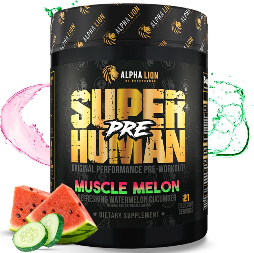 ALPHA LION Superhuman Pre Workout Powder, Beta Alanine, L-Taurine & Tri-Source Koffein für nachhaltige Energie & Fokus, Nitric Oxide & Citrulline für Pumpe (21 Servings, Muscle Melon)