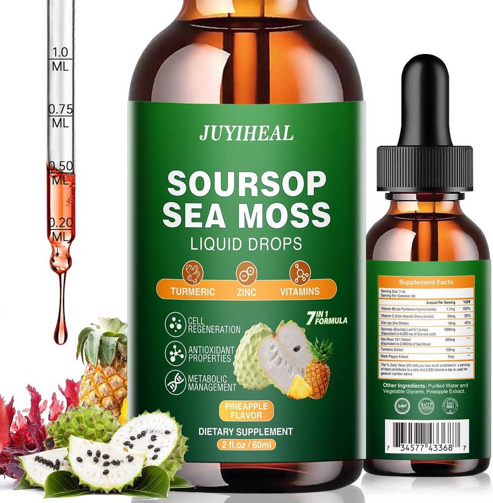 7-in-1 Soursop Bitters Liquid, Soursop Öl mit Sea Moss & Turmeric & Vitamino für Immun- & Verdauungs- & Zell-Unterstützung, Sugar-Free | Non-GMO | Vegan 2 Fl oz Ananas