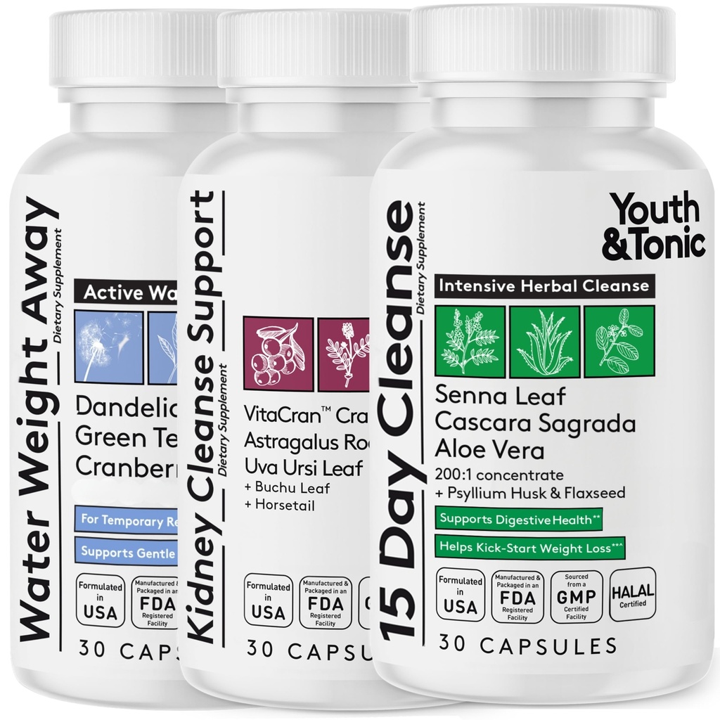 Youth & Tonic Complete Multi-Organ Detox Support – 15 Tage Colon Cleanser & Gut Detox, Kidney Cleanse, Wasser Balance & Liver Gesundheit, 90 Pillen für Frauen und Männer