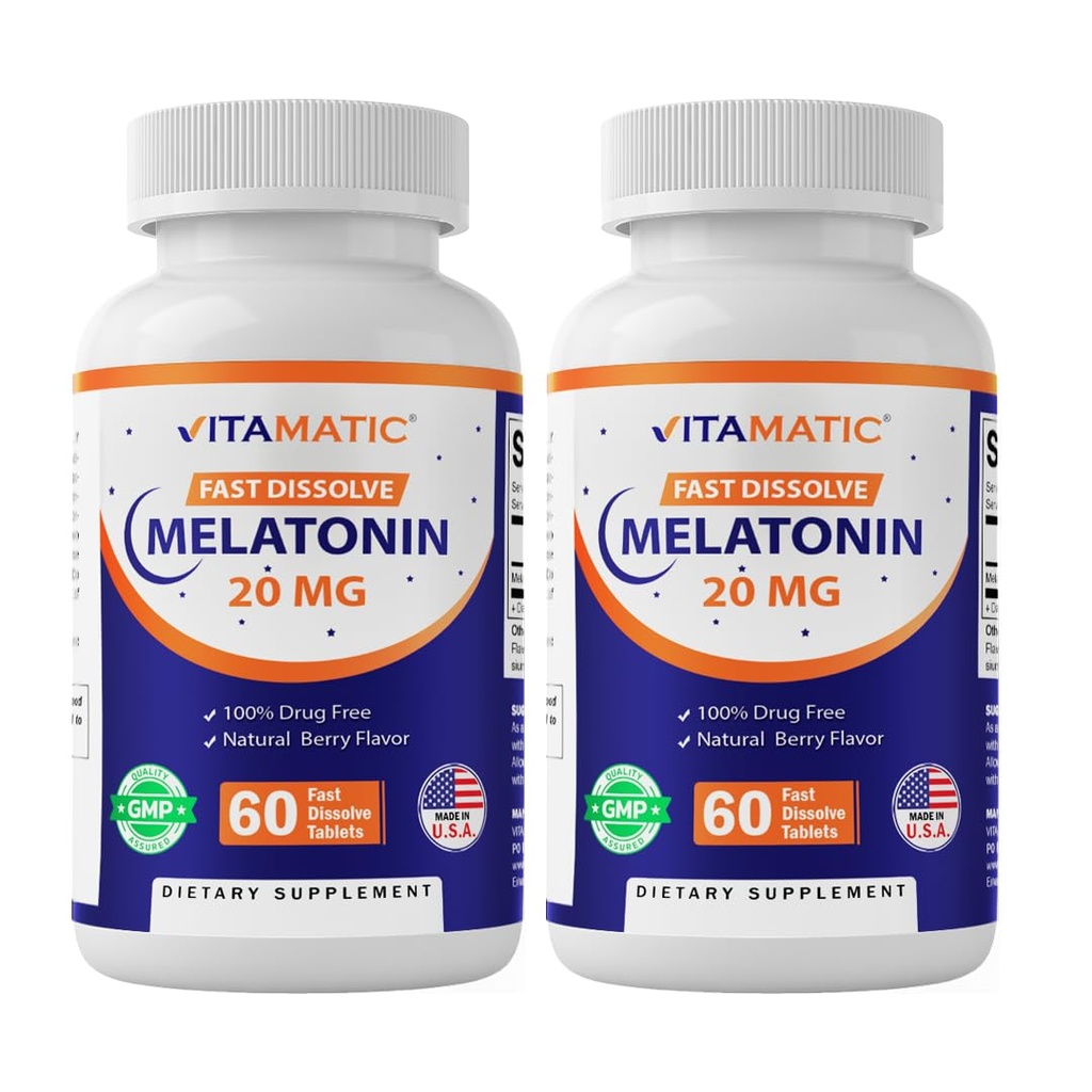 Vitamatic 2-Pack High Potency Melatonin 20 mg – 60 Fast Dissolve Tabletten Total Fast-Acting Sleep Support – Natürliche Berry Flavor | Vegetarisch