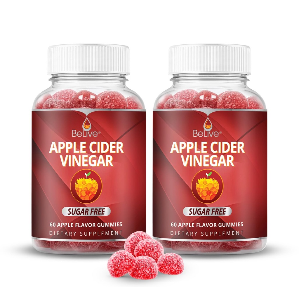 BeLive Apple Cider Essig Sugar Free Gummies – Toll für Verdauung & Gesunde Ernährung - Glutenfrei, keine Glucose Syrup, ACV Gummies Alternative zu Kapseln & Getränk (120 Ct) – 2 Pack