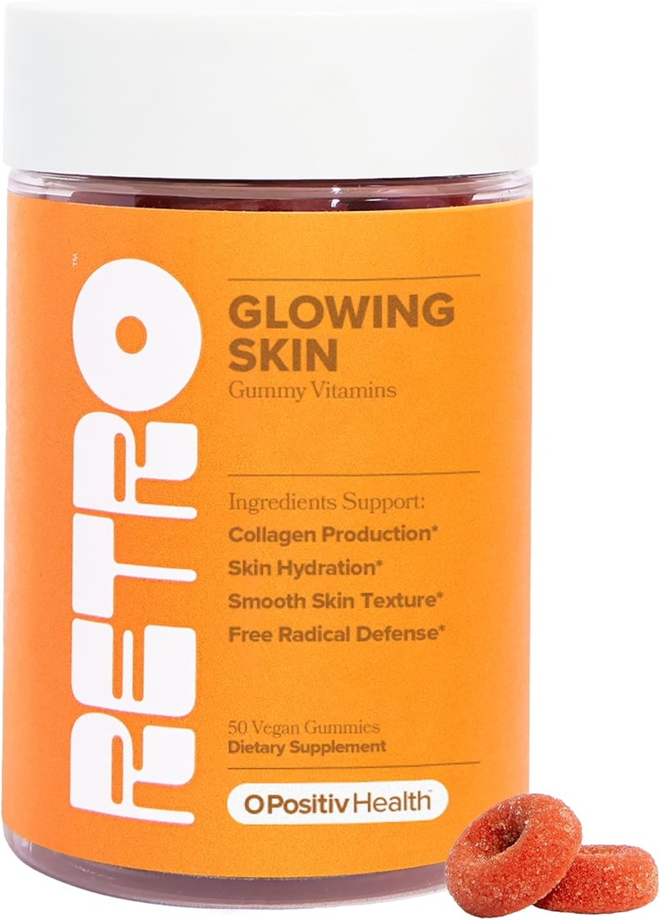 O Positive RETRO Gummy Glowing Haut Vitamine für Collagen Produktion– Astaxanthin, Vitamin E, Bamboo Extract, Hibiscus & Vitamin C – Vegan Hautgummis für glatte Haut & Hydration, 50 Graf (Pack von 1)